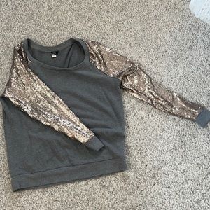 Gray sweater with sparkly sleeves